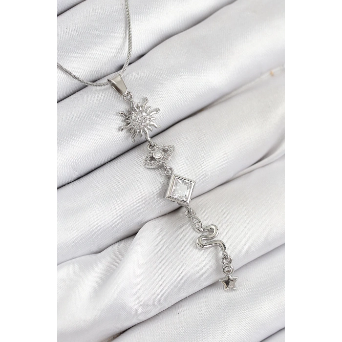 316L Çelik Zirkon Taşlı Güneş Ve Ay Enerji Model Gümüş Renk Kadın Kolye