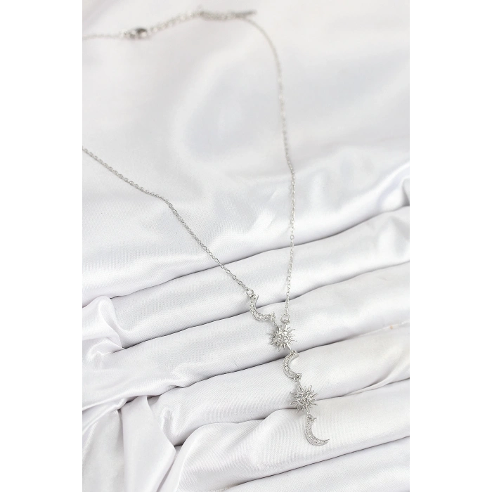 316L Çelik Zirkon Taşlı Güneş Ve Ay Model Gümüş Renk Kadın Kolye