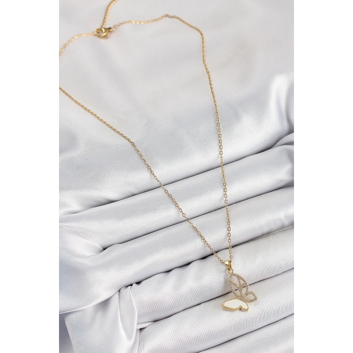 316L Çelik Zirkon Taşlı Kelebek Model Gold Renk Kadın Kolye
