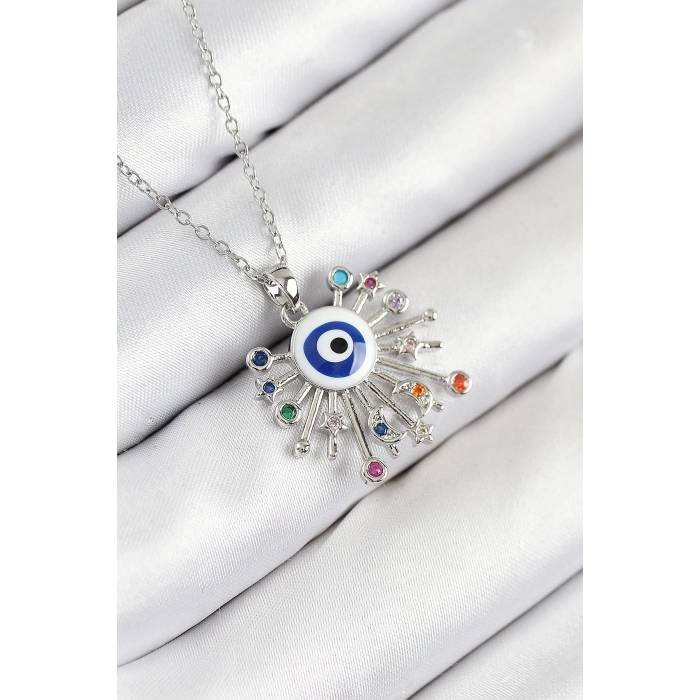 316L Çelik Zirkon Taşlı Nazar Model Gümüş Renk Kadın Kolye