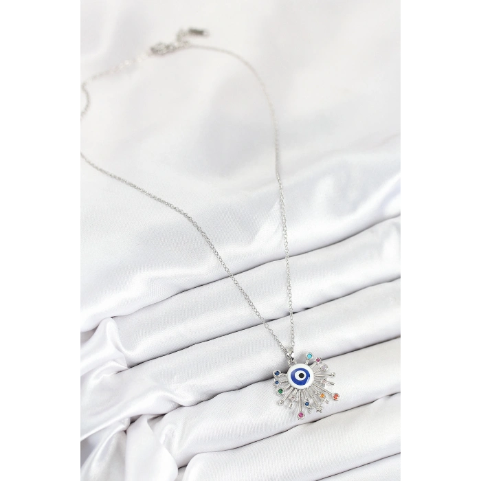 316L Çelik Zirkon Taşlı Nazar Model Gümüş Renk Kadın Kolye