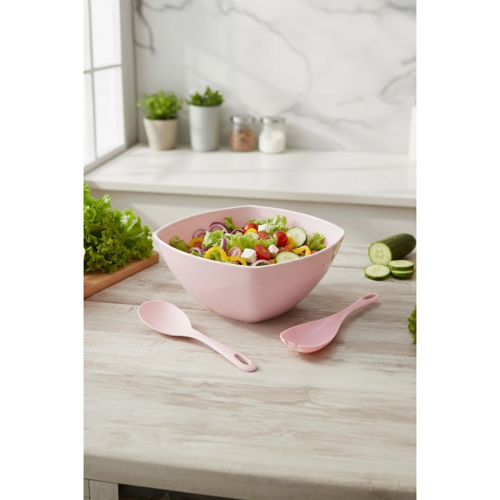 3,5 Lt Soft Pembe Akrilik Kare Salata ve Servis Kasesi Seti – 3 Parça