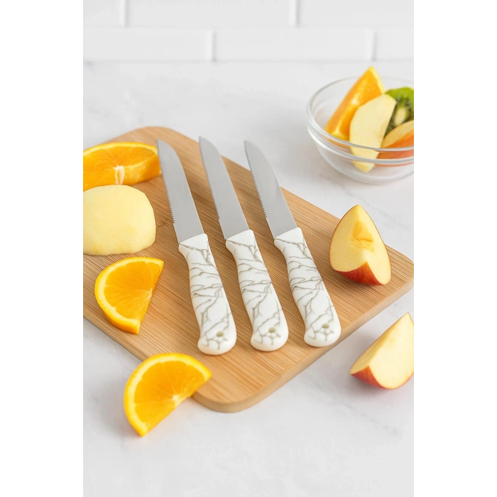 3’lü Paslanmaz Çelik Mermer Desenli Meyve Bıçak Seti