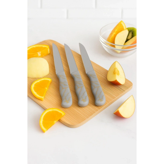 3’lü Paslanmaz Çelik Mermer Desenli Meyve Bıçak Seti