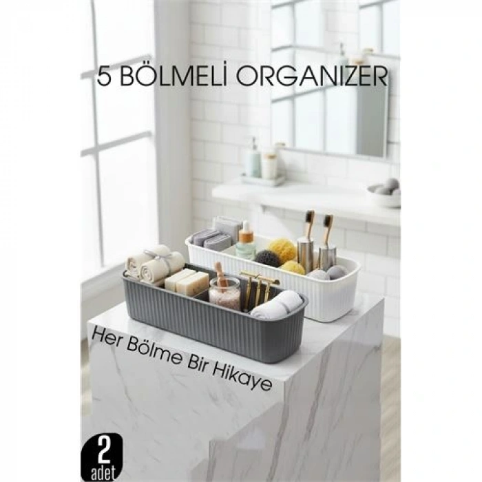 5 Bölmeli Banyo ve Makyaj Organizer Kutusu Gri & Beyaz 2’li Set  Tezgah Üstü Düzenleyici