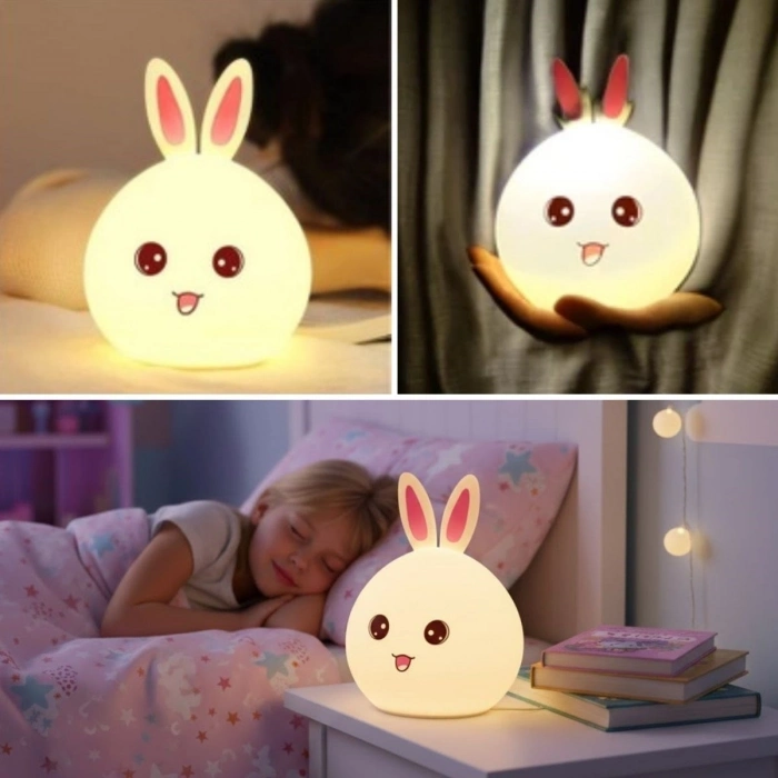5 Farklı Renk Modlu Tavşan Figürlü Pofuduk LED Gece ası–Yumuşak Dokulu Çocuk Odası ve Dekoratif Şarjlı Ortam Işığı