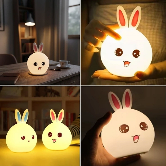 5 Farklı Renk Modlu Tavşan Figürlü Pofuduk LED Gece ası–Yumuşak Dokulu Çocuk Odası ve Dekoratif Şarjlı Ortam Işığı
