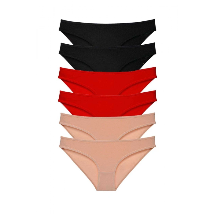 6 adet Süper Eko Set Likralı Kadın Slip Külot Siyah Kırmızı Ten