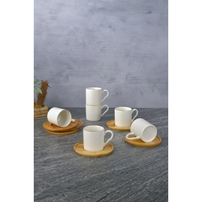6 Lı Bambu Tabaklı Porselen Kahve Fincanı Seti