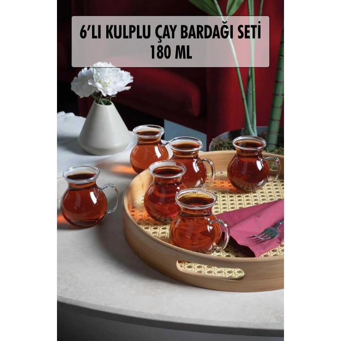 6lı Keyfi Ala Borosilikat Cam Kulplu Çay Bardağı