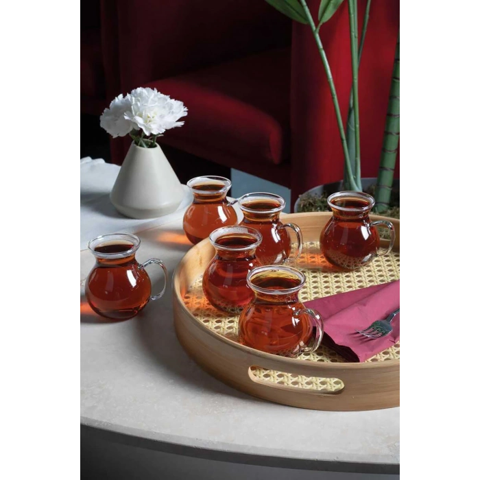 6lı Keyfi Ala Borosilikat Cam Kulplu Çay Bardağı