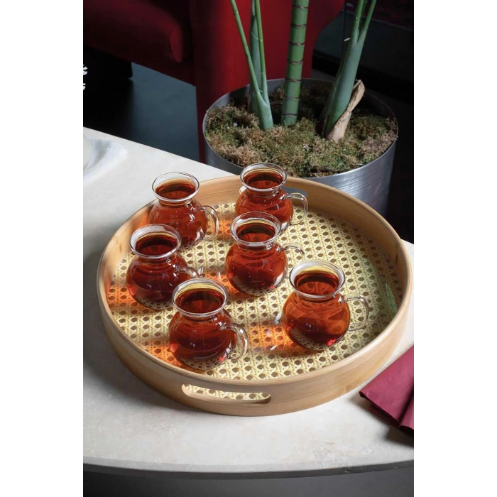 6lı Keyfi Ala Borosilikat Cam Kulplu Çay Bardağı