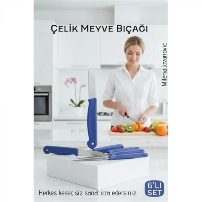 6lı Premium Paslanmaz Çelik Meyve Bıçağı Seti - Mavi Saplı Keskin Soyma Bıçağı Takımı