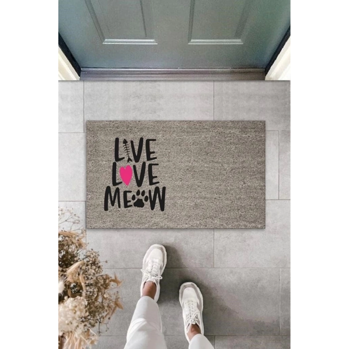 Bfs Dijital Baskı Gri Pembe Kalpli Kılçıklı Love Meow Dekoratif Kapı Paspası K-2047
