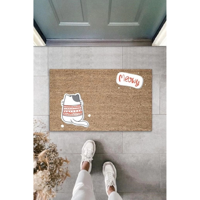 Bfs Dijital Baskı Kahverengi Meowy Yazılı Arkasını Dönmüş Kazaklı Kedi Kapı Paspası K-2060
