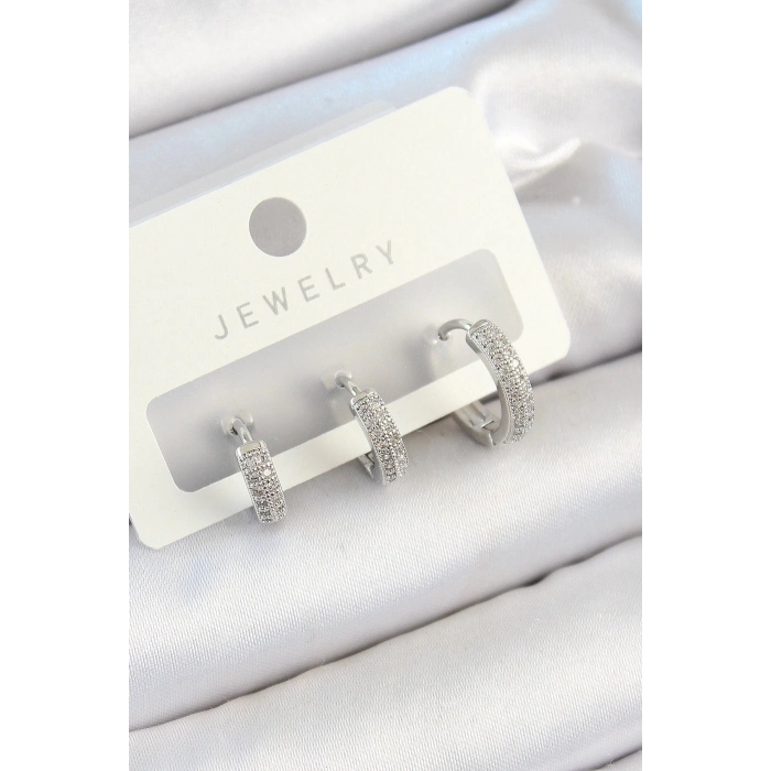 Bfs Pirinç Zirkon Taşlı Halka Model Gümüş Renk 3Lü Çift Kadın Küpe Set