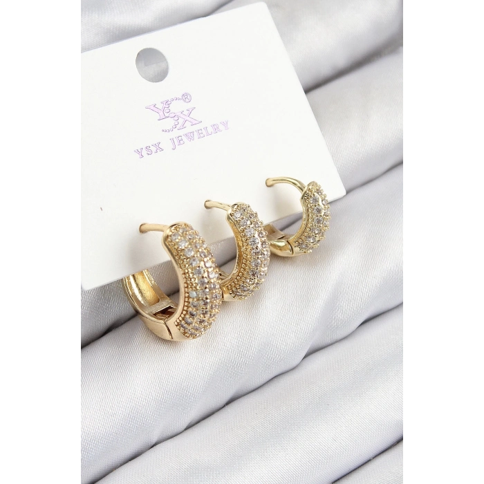 Bfs Pirinç Zirkon Taşlı 3Lü Halka Model Gold Renk Kadın Küpe