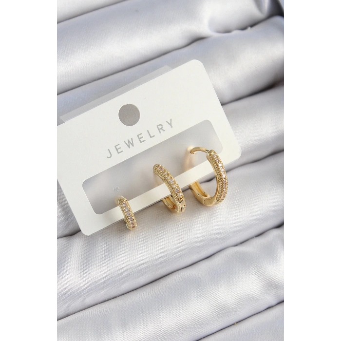 Bfs Pirinç Zirkon Taşlı Halka Model Gold Renk 3Lü Çift Kadın Küpe Set