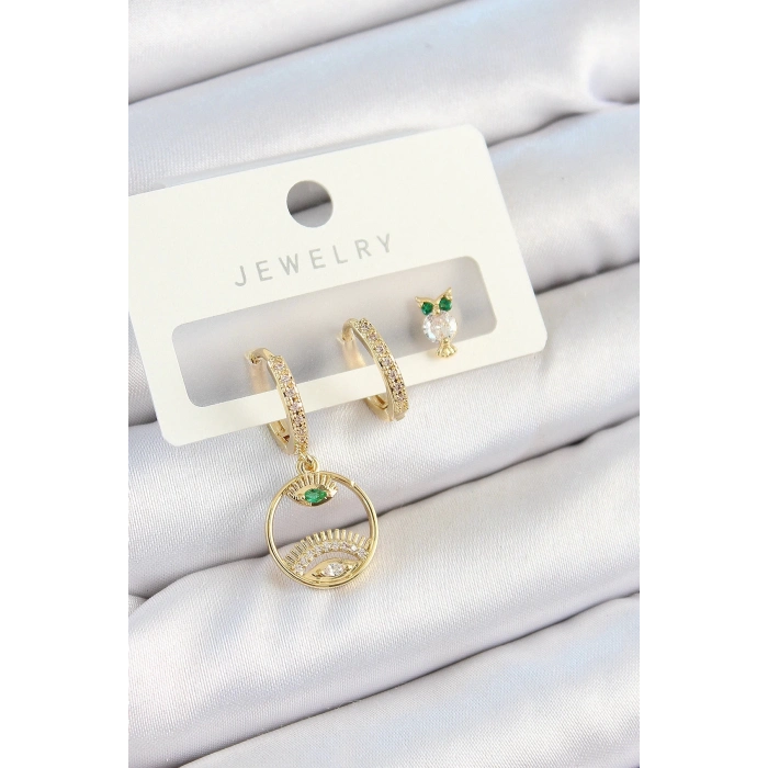 Bfs Pirinç Zirkon Taşlı Göz Ve Baykuş Model Gold Renk 3Lü Çift Kadın Küpe Set