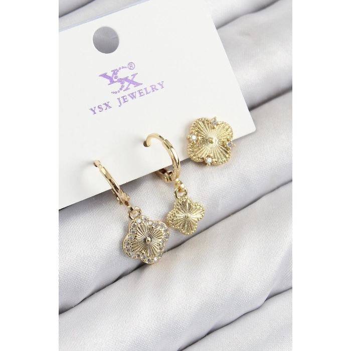 Bfs Pirinç Zirkon Taşlı 3Lü Yonca Model Gold Renk Kadın Küpe