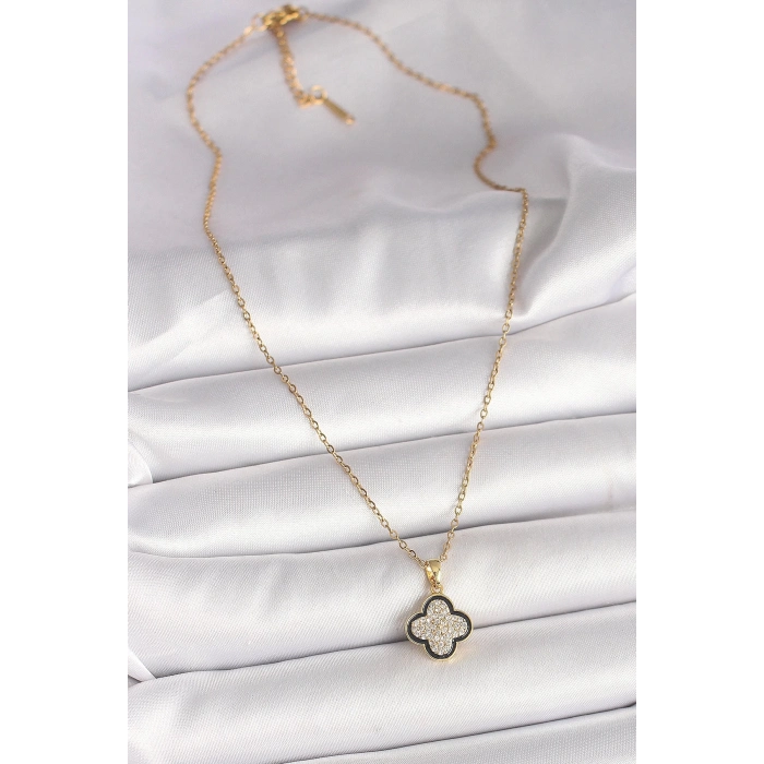 BFS 316L Çelik Gold Renk Zincir Zirkon Taşlı Yonca Model Kadın Kolye
