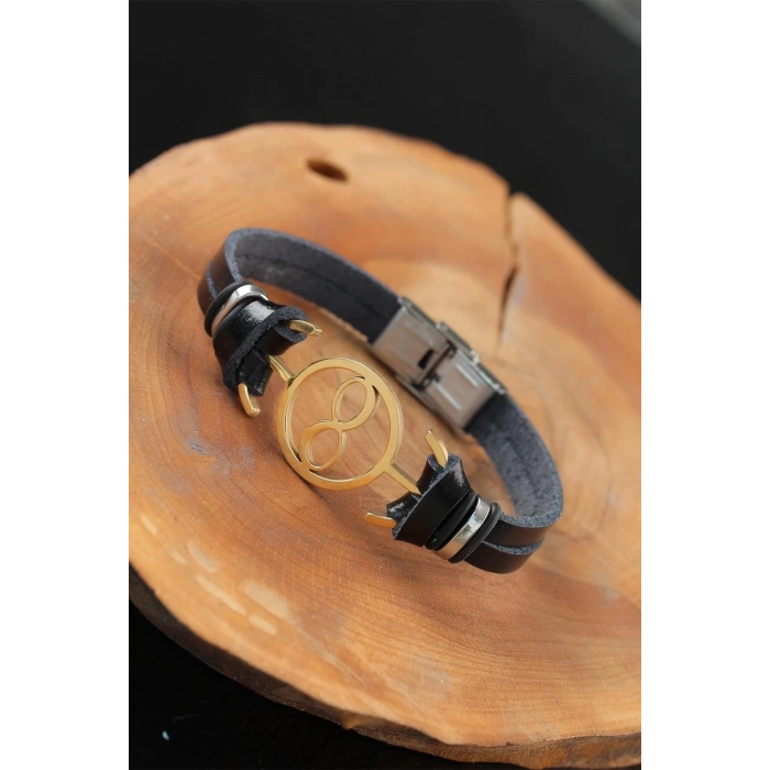 BFS Gold Renk Sonsuzluklu Metal Aksesuarlı Siyah Renk Deri Erkek Bileklik