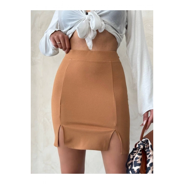 Çift Yırtmaçlı Etek Camel S25910