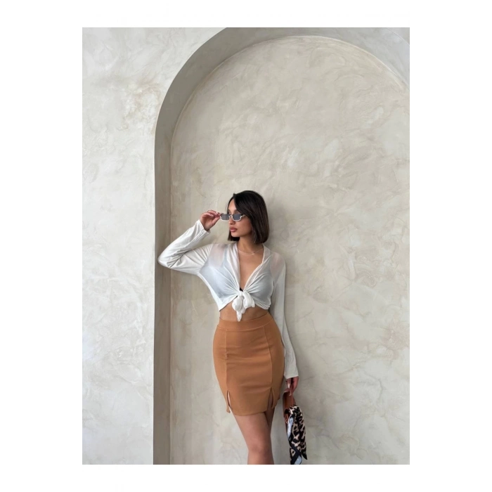 Çift Yırtmaçlı Etek Camel S25910