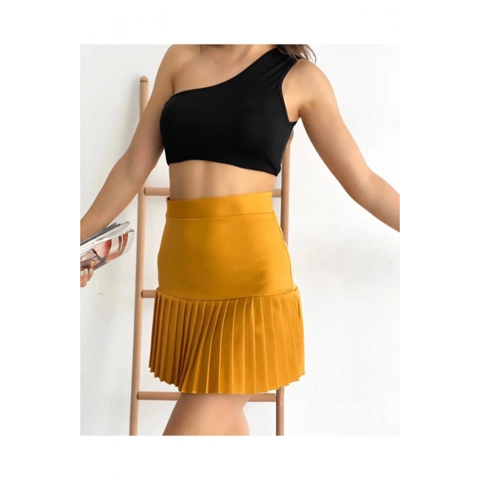 Altı pliseli mini etek hardal s24705