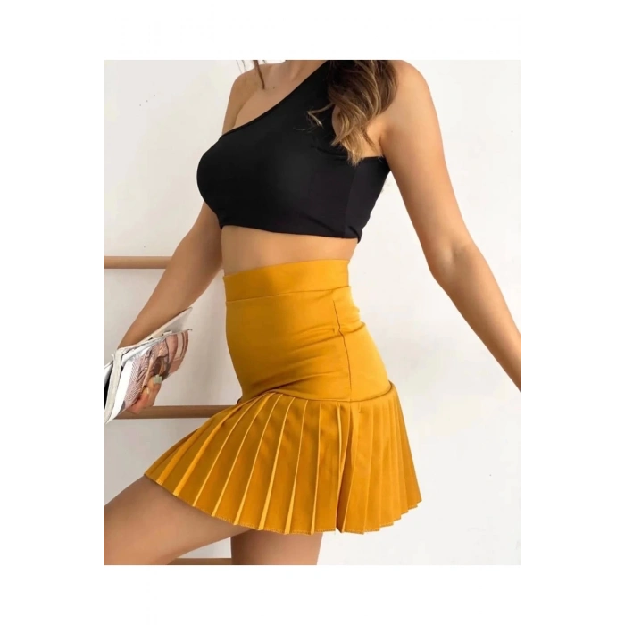 Altı pliseli mini etek hardal s24705