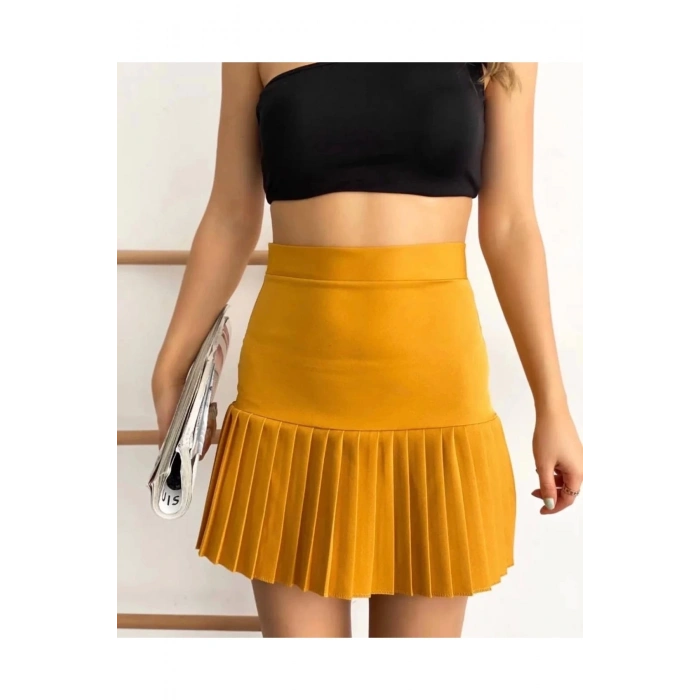 Altı pliseli mini etek hardal s24705