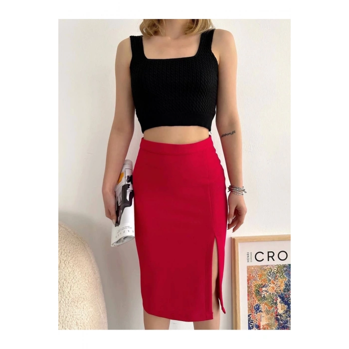 Yırtmaçlı Esnek Kumaş Midi Boy Etek Koyu Kırmızı