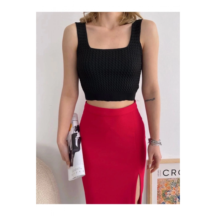 Yırtmaçlı Esnek Kumaş Midi Boy Etek Koyu Kırmızı