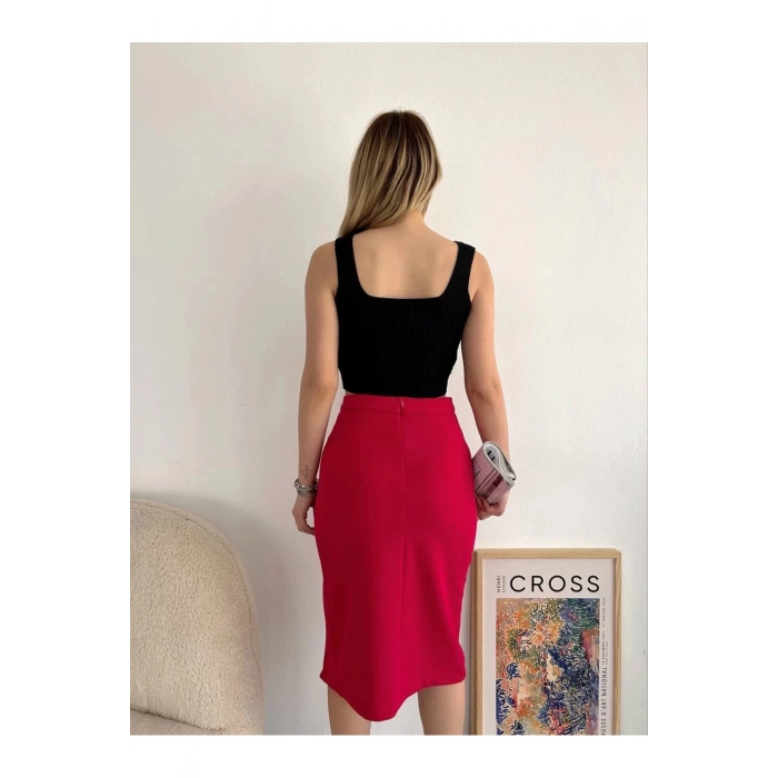 Yırtmaçlı Esnek Kumaş Midi Boy Etek Koyu Kırmızı