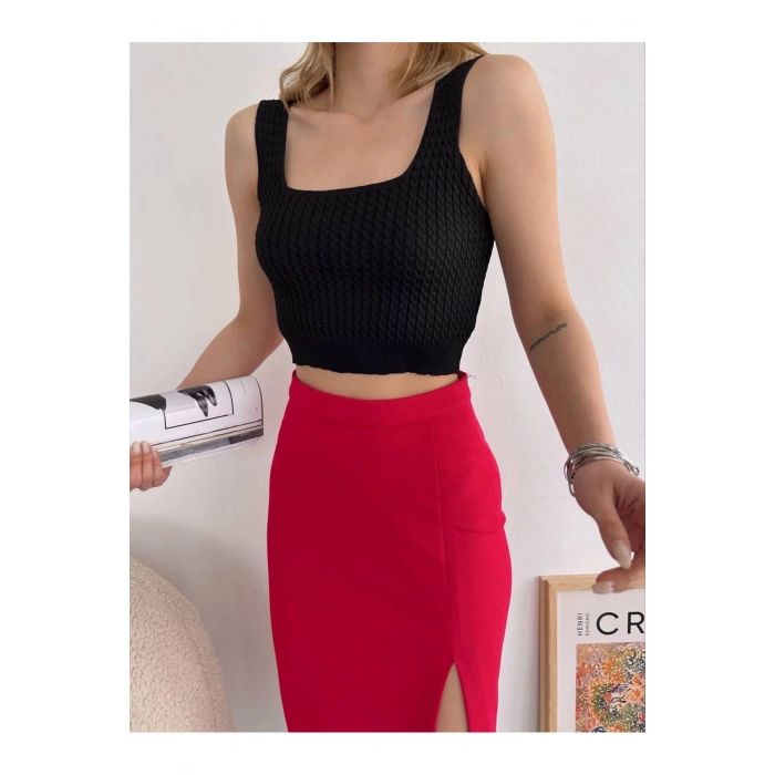 Yırtmaçlı Esnek Kumaş Midi Boy Etek Koyu Kırmızı