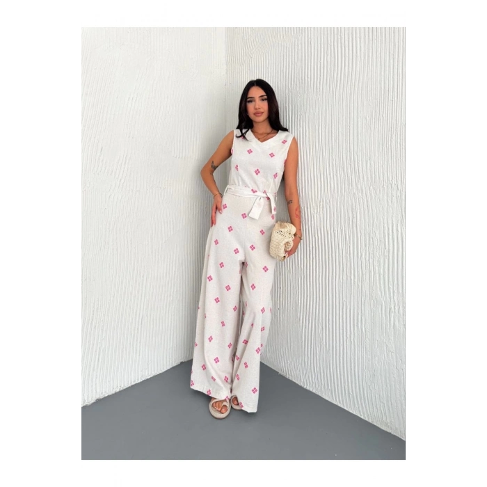 gl00my Beyaz Tulum Sırt Dekolteli Keten Tulum