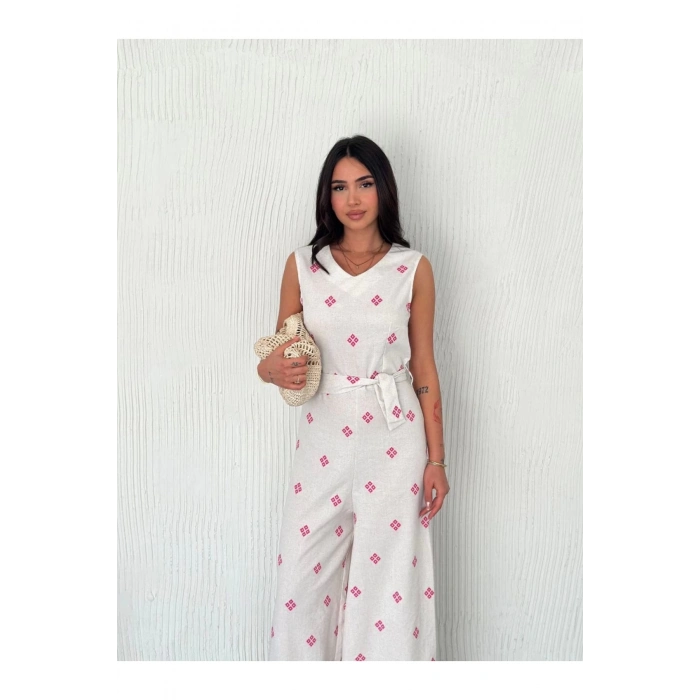 gl00my Beyaz Tulum Sırt Dekolteli Keten Tulum