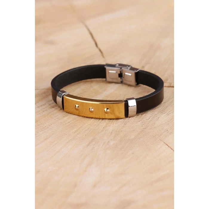 BFS Siyah Silikon Çelik Aksesuar Tasarımlı Detaylı Erkek Bileklik