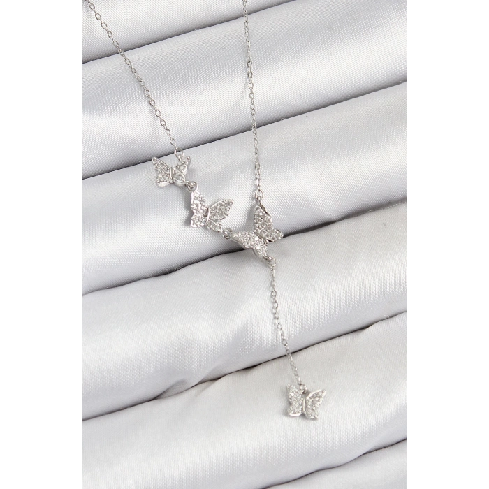 Bfs Pirinç Zirkon Taşlı Kelebek Model Gümüş Renk Kadın Kolye