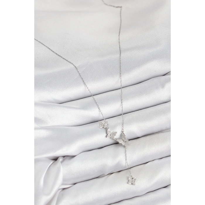 Bfs Pirinç Zirkon Taşlı Kelebek Model Gümüş Renk Kadın Kolye