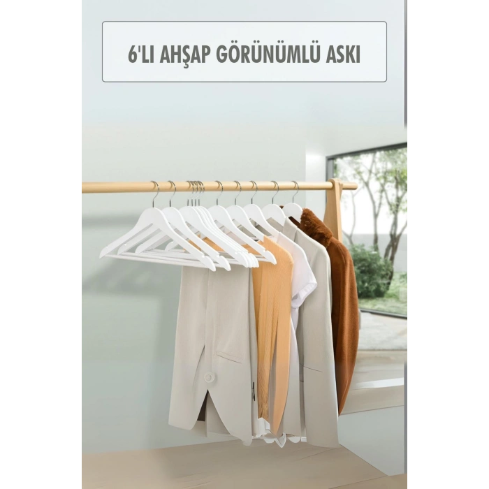6’lı Ahşap Görünümlü Askı Beyaz 44 cm