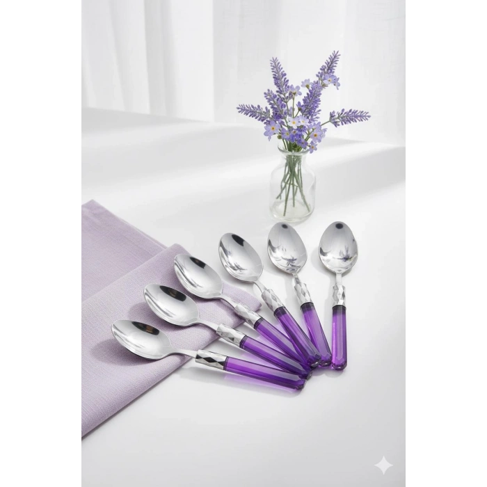 6’lı Paslanmaz Çelik Mor Tatlı Kaşığı Seti