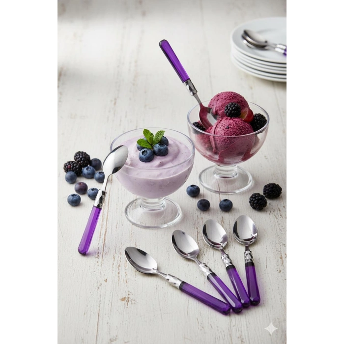 6’lı Paslanmaz Çelik Mor Tatlı Kaşığı Seti