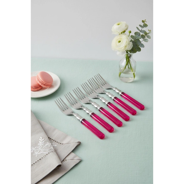 6’lı Paslanmaz Çelik Pembe Tatlı Çatalı Seti