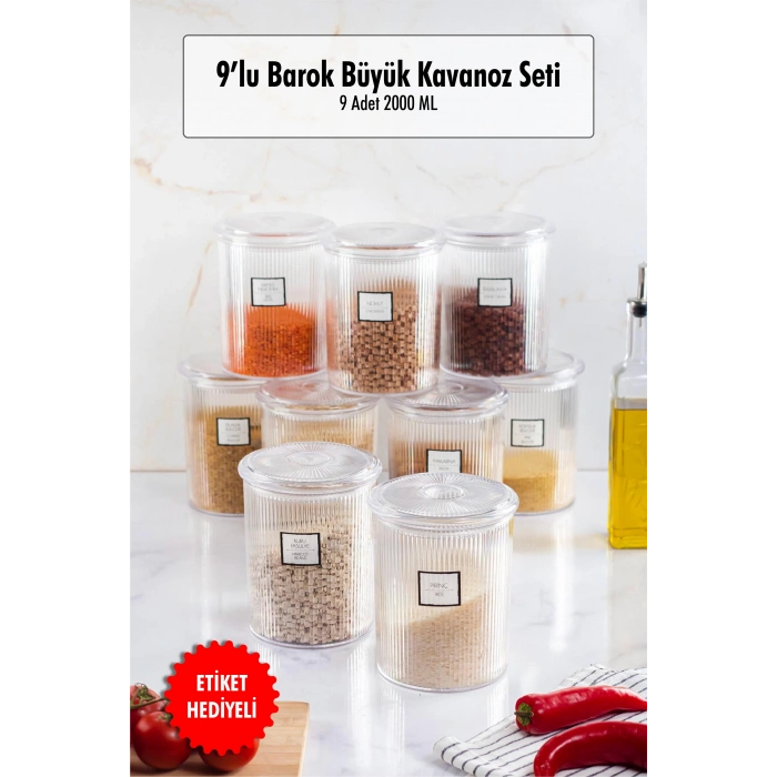 9lu Barok Yuvarlak Büyük Kavanoz Seti & Saklama Kabı & Erzak Kabı (9*2000 ML)