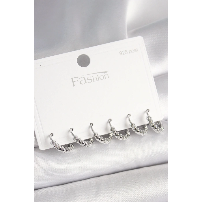 925 Ayar Gümüş Çivi Pirinç Gümüş Renk Kalp İşlemeli Halka Model Kadın Küpe Seti