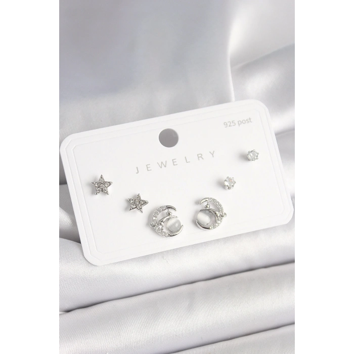 925 Ayar Gümüş Çivi Zirkon Taşlı Hilal Yıldız Model Kadın Küpe Seti