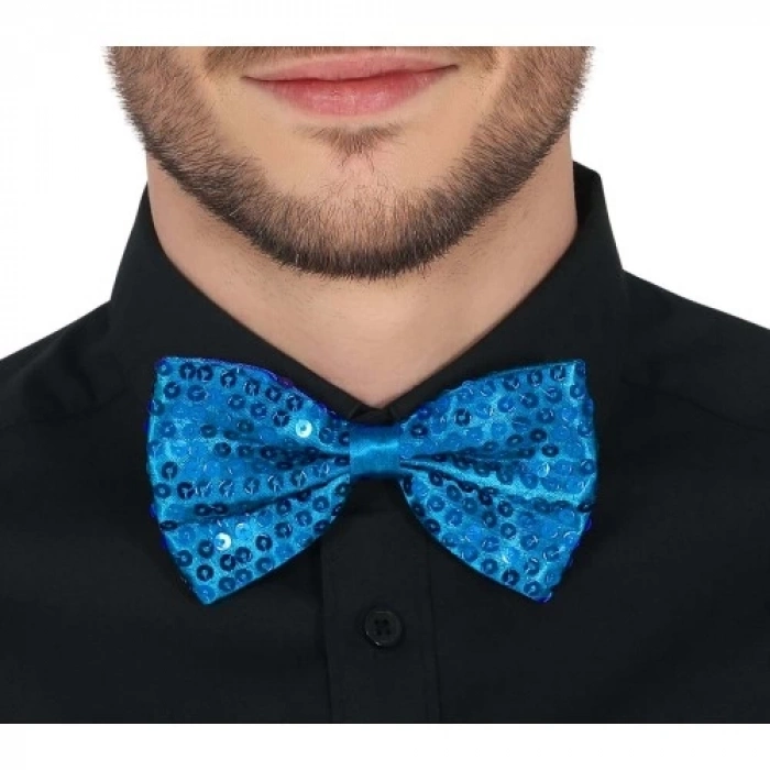 Açık Mavi Turkuaz Payetli Pullu Papyon