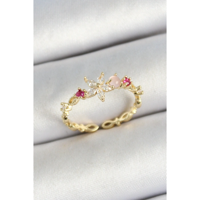 Pirinç Papatya Figürlü Zirkon Taşlı Gold Renk Ayarlanabilir Kadın Yüzük