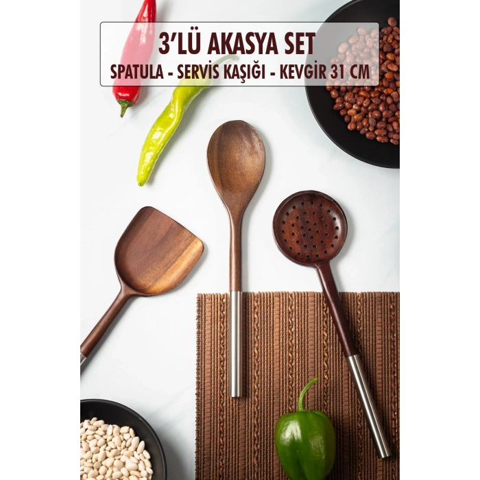 Akasya 3 lü Servis Kaşığı & Servis Kevgiri & Servis Spatulası & Salata Servis Seti